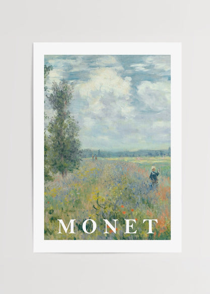 Poster art featuring a tranquil scene of a person walking through a poppy field under a cloudy sky.