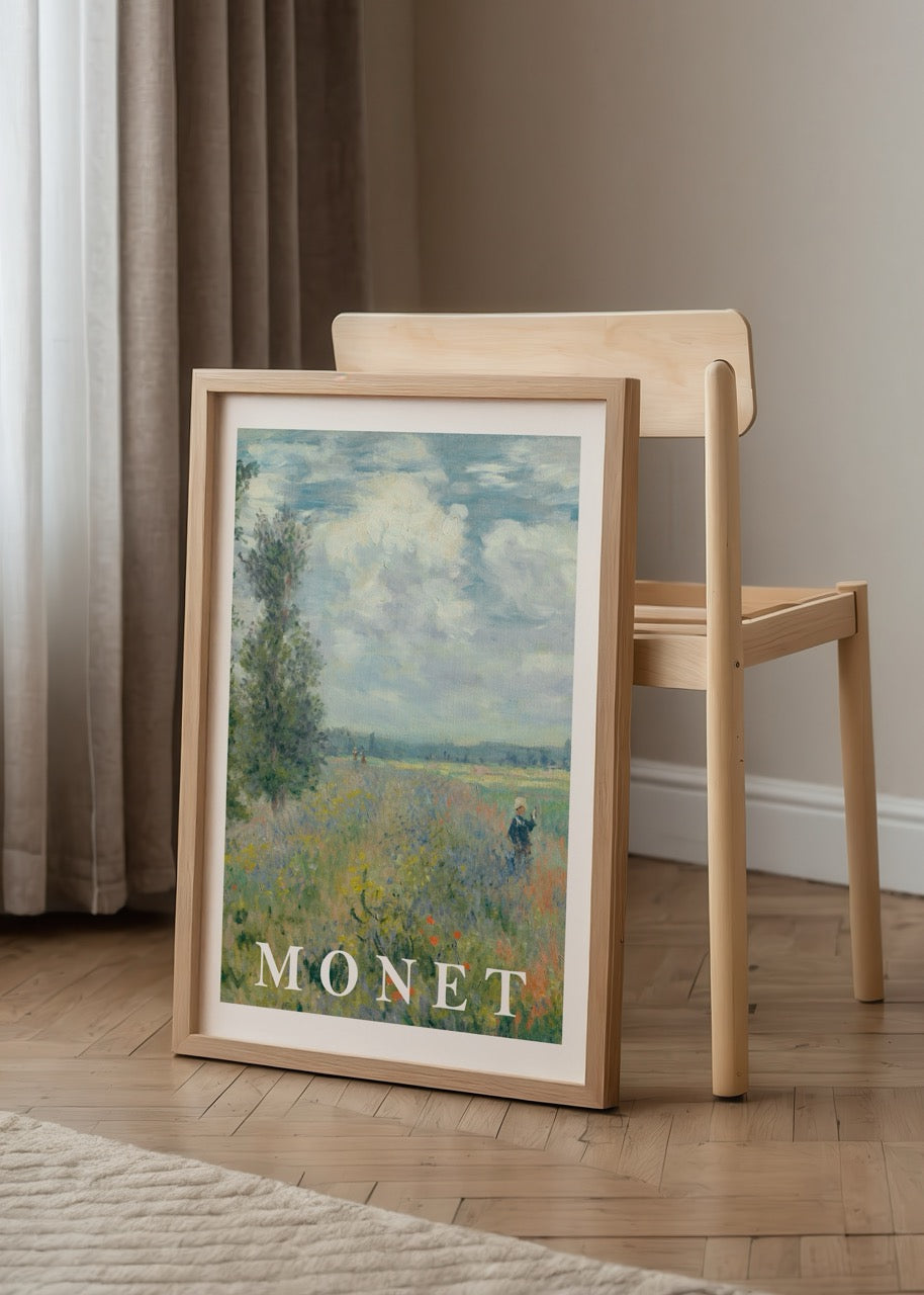 Poster art featuring a tranquil scene of a person walking through a poppy field under a cloudy sky.