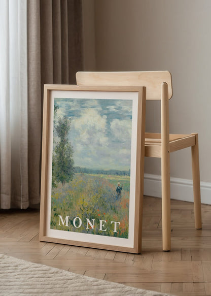 Poster art featuring a tranquil scene of a person walking through a poppy field under a cloudy sky.