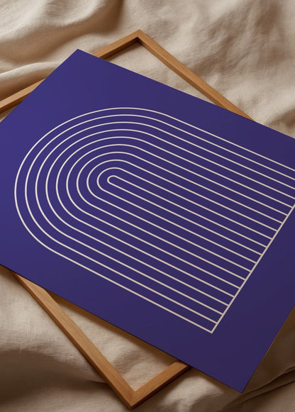 Geometric arch design with white lines on vibrant blue background.