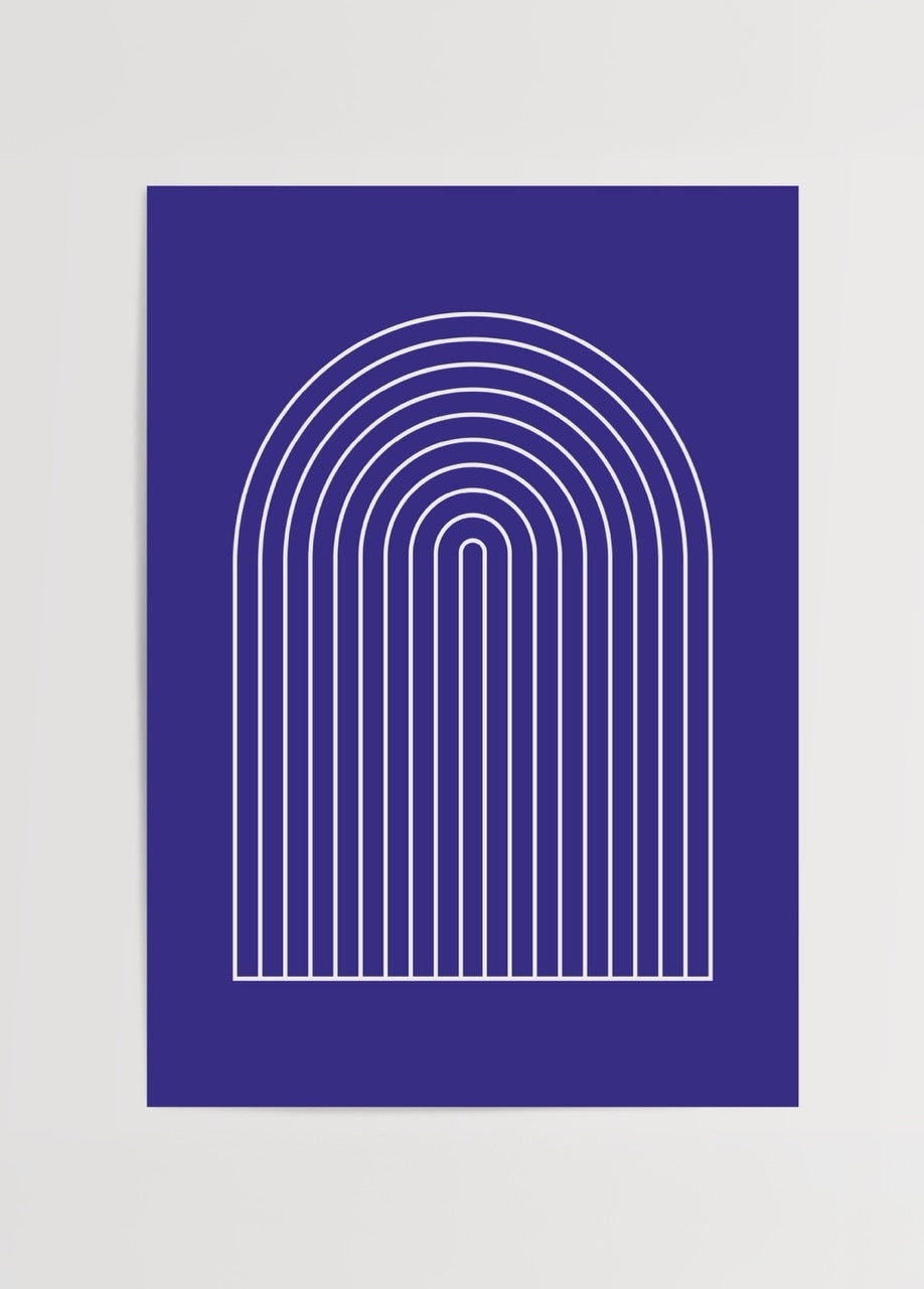 Geometric arch design with white lines on vibrant blue background.