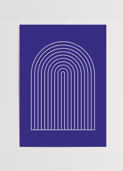 Geometric arch design with white lines on vibrant blue background.