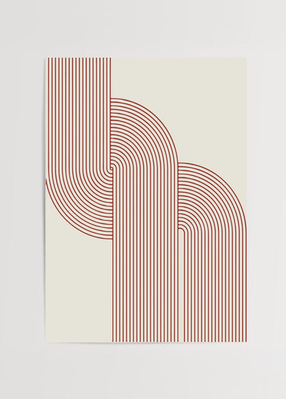 Mid-century modern poster featuring curved red stripes on a beige background.