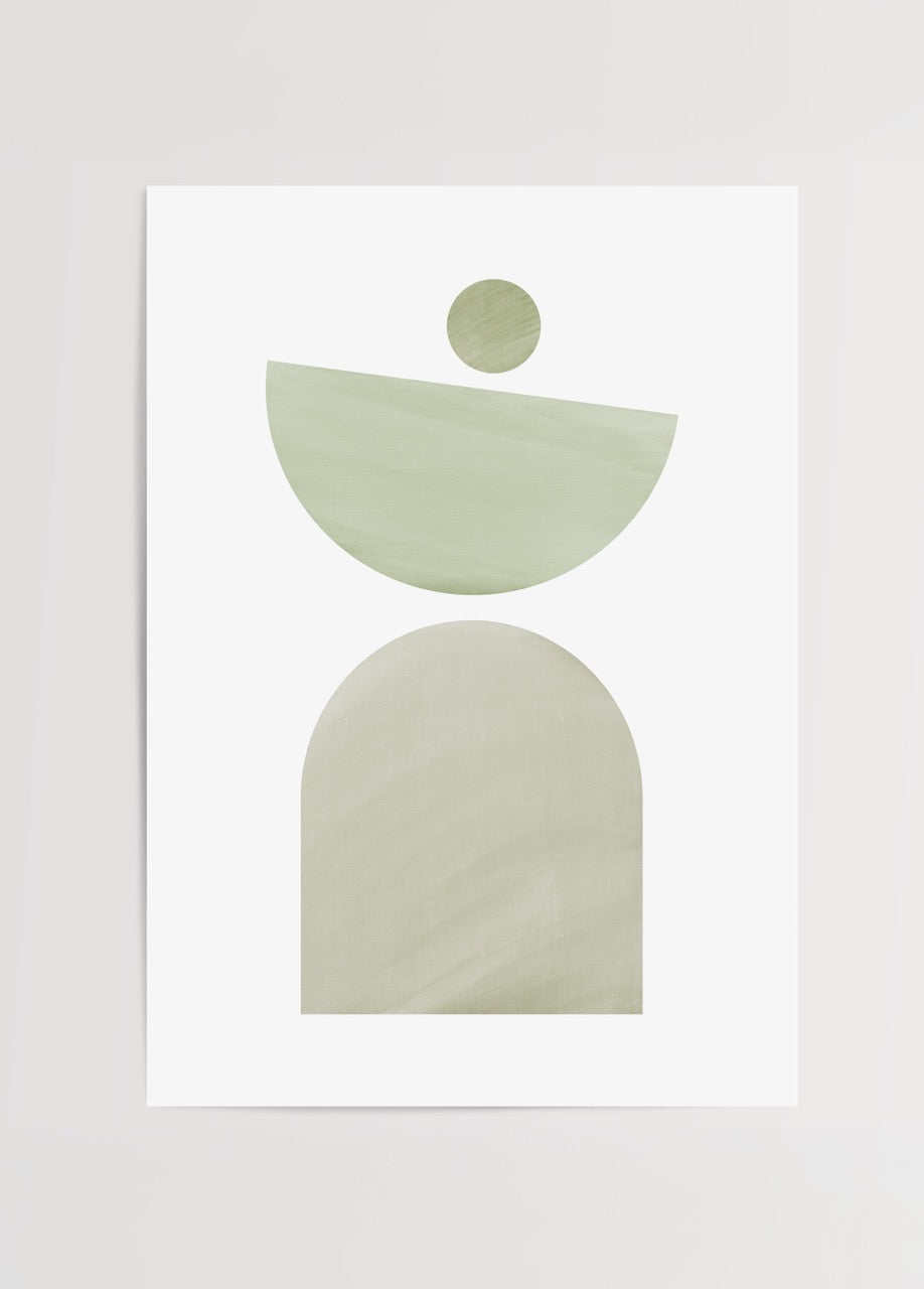 Minimalist art print featuring balanced geometric shapes in soft greens.