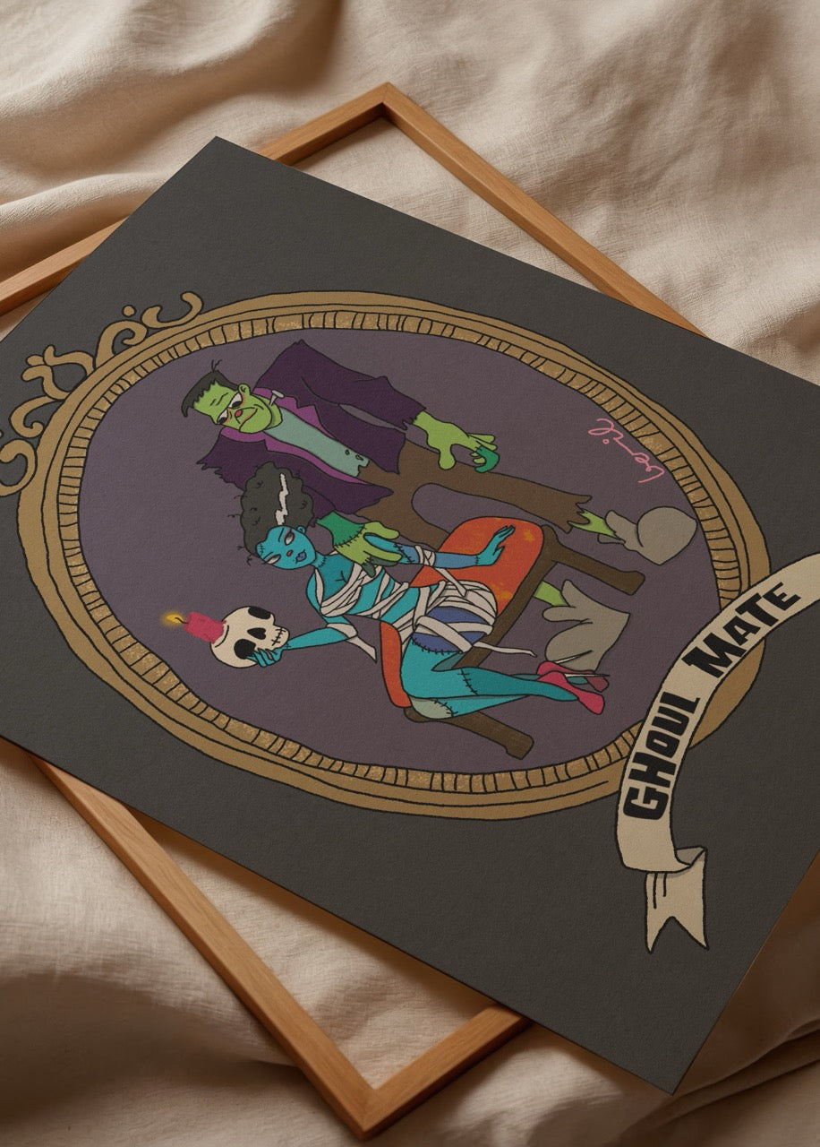 Ghoul Mate Poster Print featuring a whimsical duo in vibrant colours.