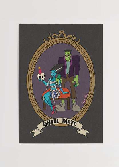 Ghoul Mate Poster Print featuring a whimsical duo in vibrant colours.