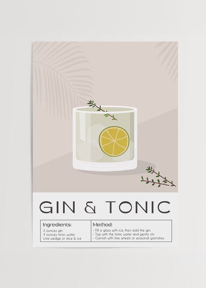 Minimalist art print of a gin and tonic cocktail with lime and herbs.