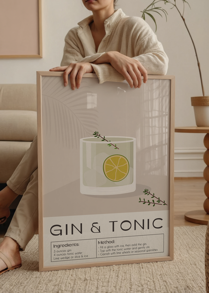 Minimalist art print of a gin and tonic cocktail with lime and herbs.