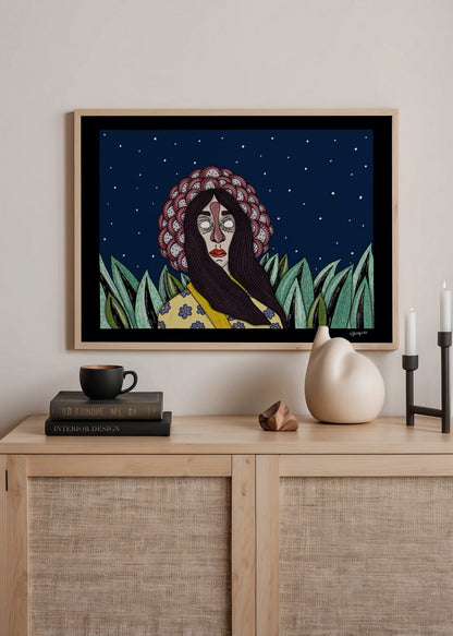 A captivating illustration poster featuring a girl in a dark setting surrounded by foliage and stars.