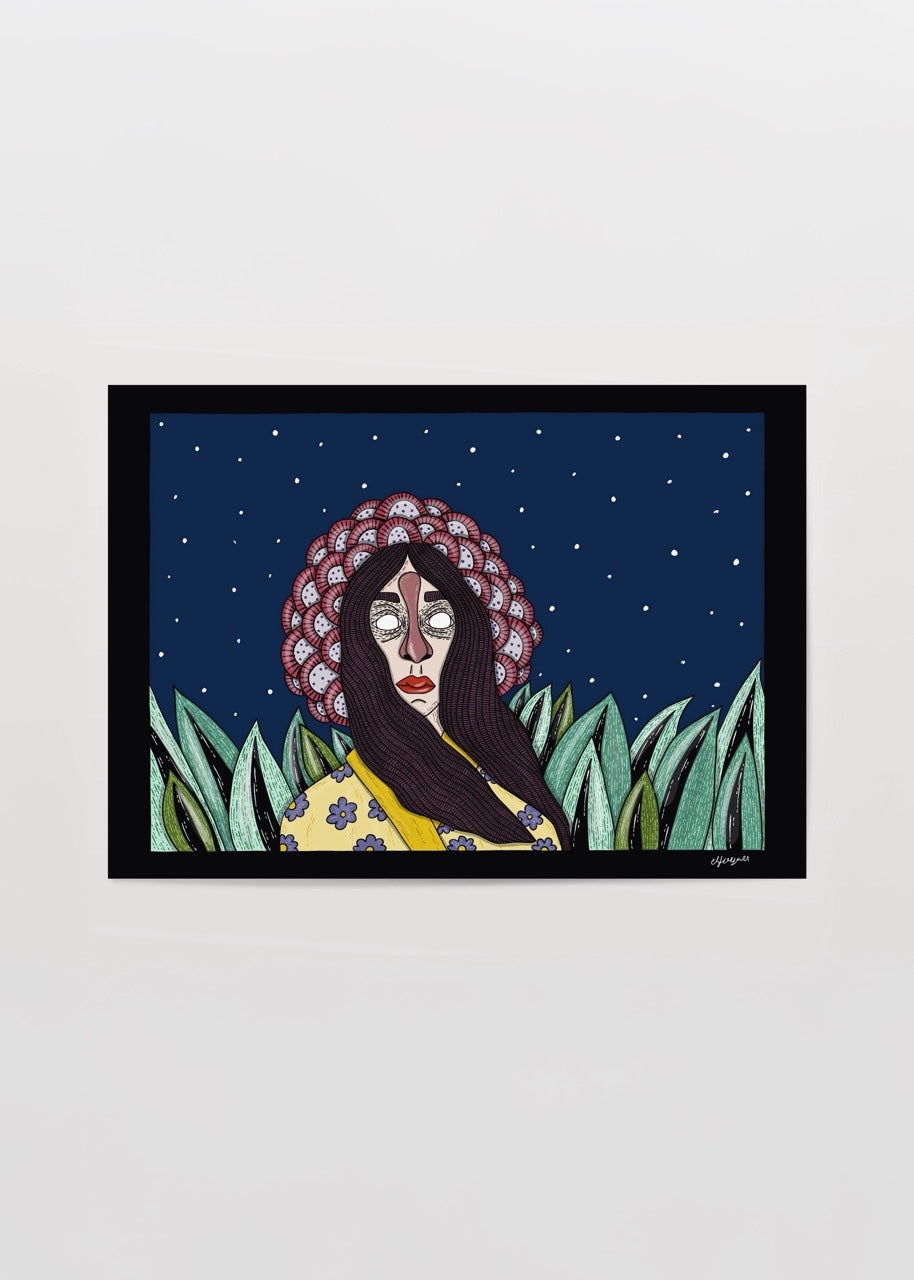 A captivating illustration poster featuring a girl in a dark setting surrounded by foliage and stars.