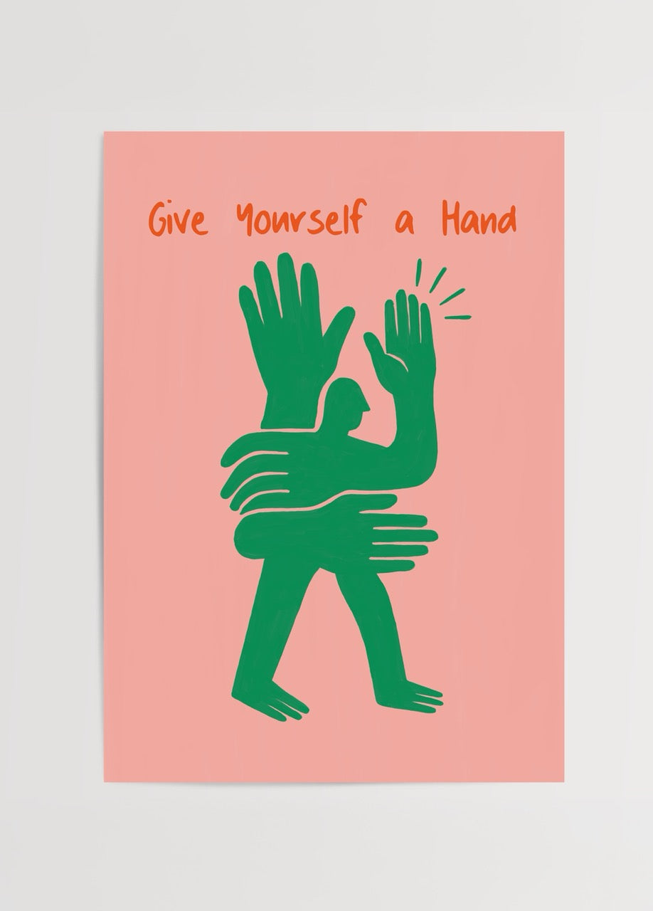 Vibrant poster featuring green hands on a pink background, promoting self-empowerment.