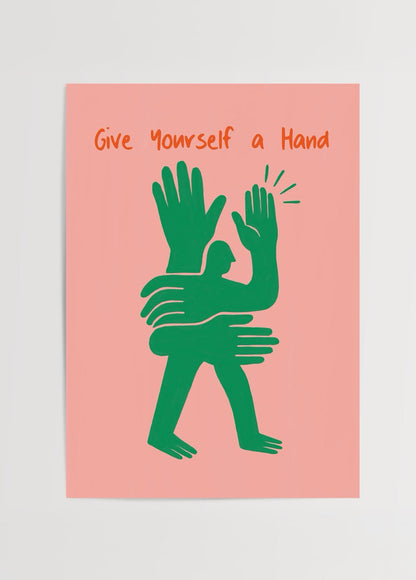 Vibrant poster featuring green hands on a pink background, promoting self-empowerment.