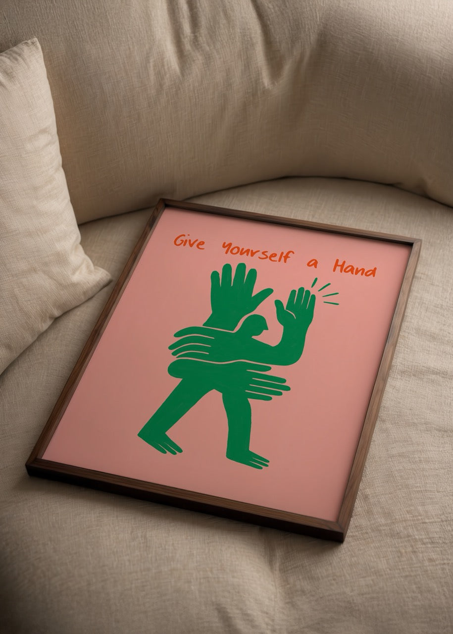 Vibrant poster featuring green hands on a pink background, promoting self-empowerment.