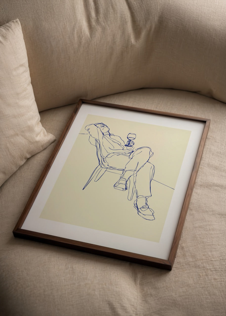 A minimalist line drawing of a person relaxing with a glass in hand, against a beige background.