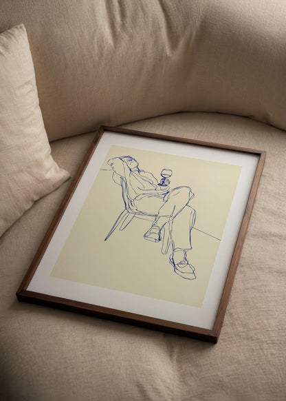 A minimalist line drawing of a person relaxing with a glass in hand, against a beige background.