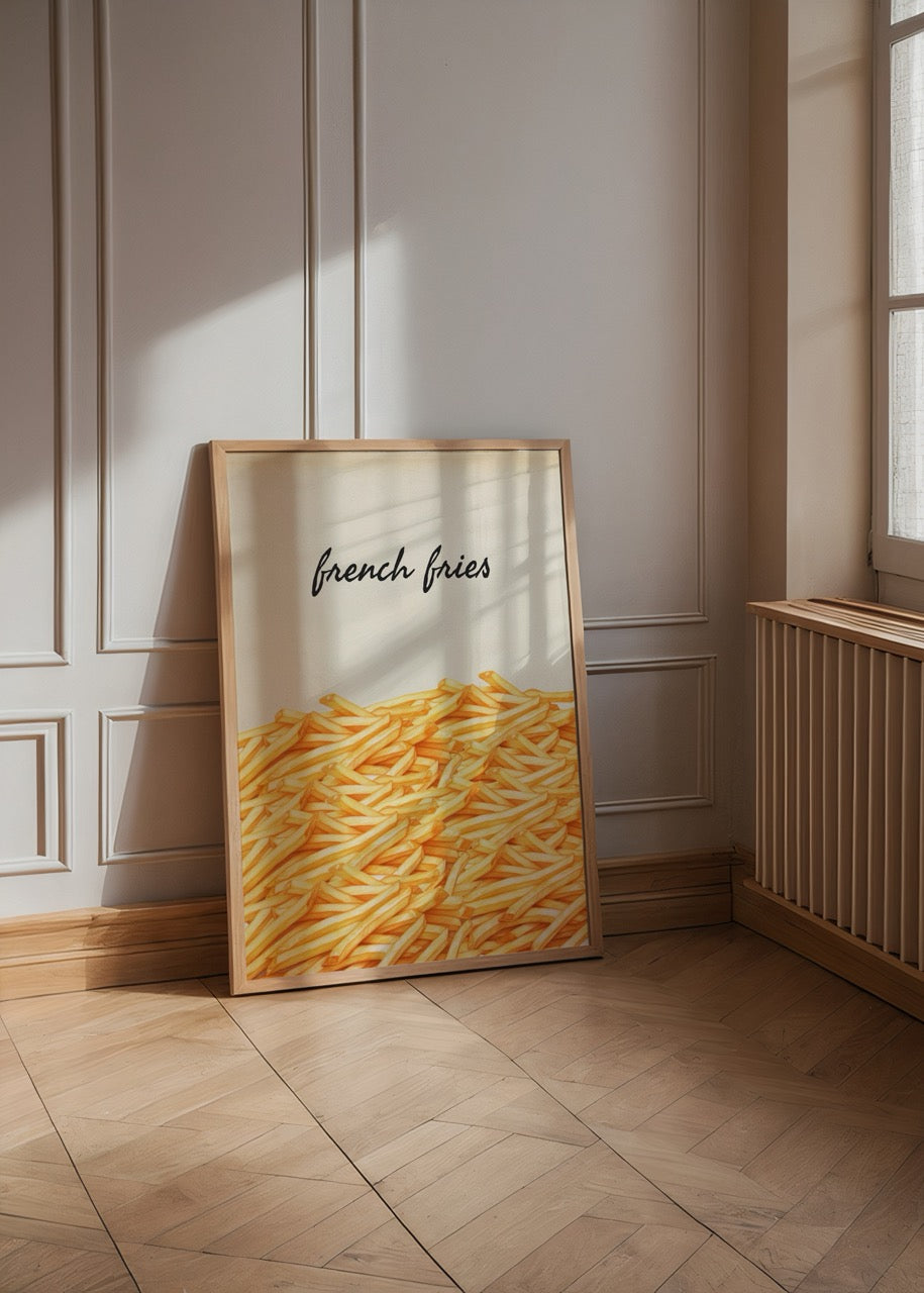 Whimsical French fries poster print, perfect for kitchen decor.