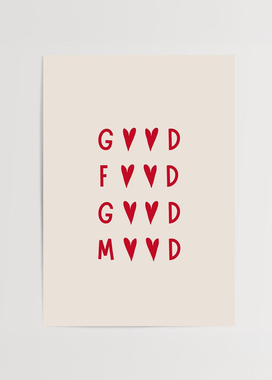 Good Vibes Typography Art Print featuring red hearts and text.