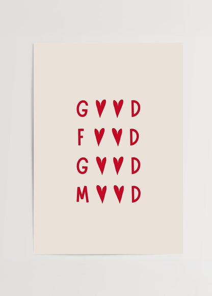 Good Vibes Typography Art Print featuring red hearts and text.