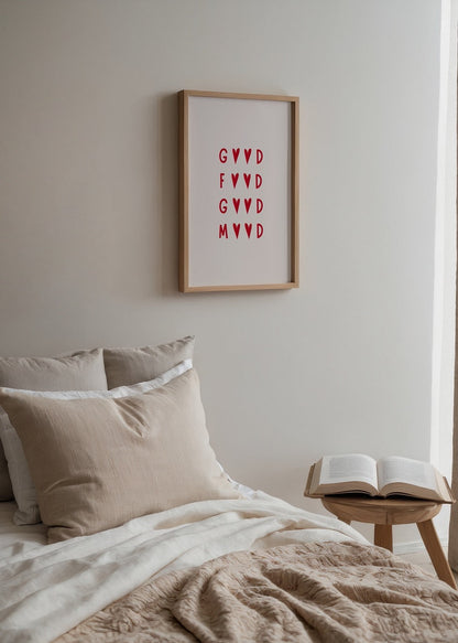 Good Vibes Typography Art Print featuring red hearts and text.
