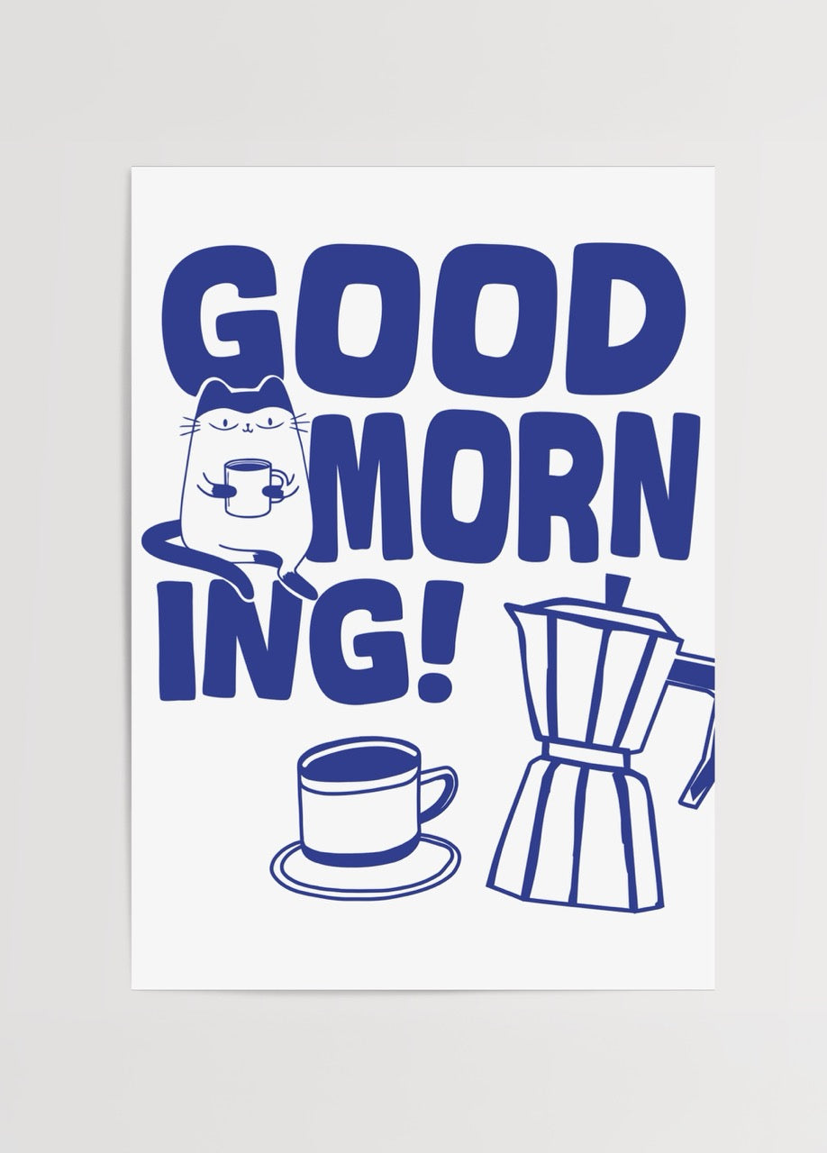 Illustration of a cat with a coffee cup and a coffee maker, bold text &