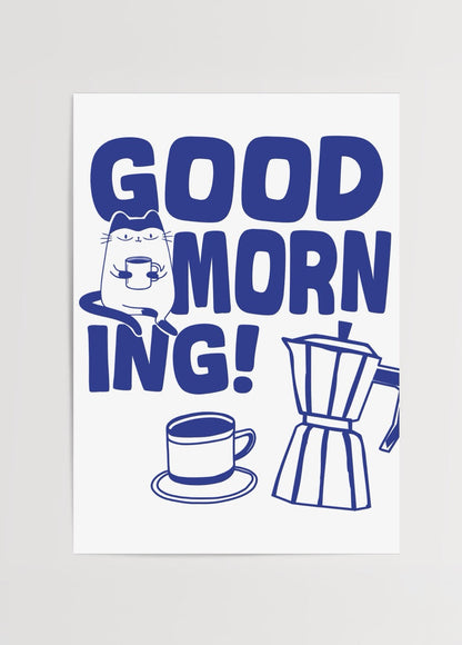 Illustration of a cat with a coffee cup and a coffee maker, bold text &