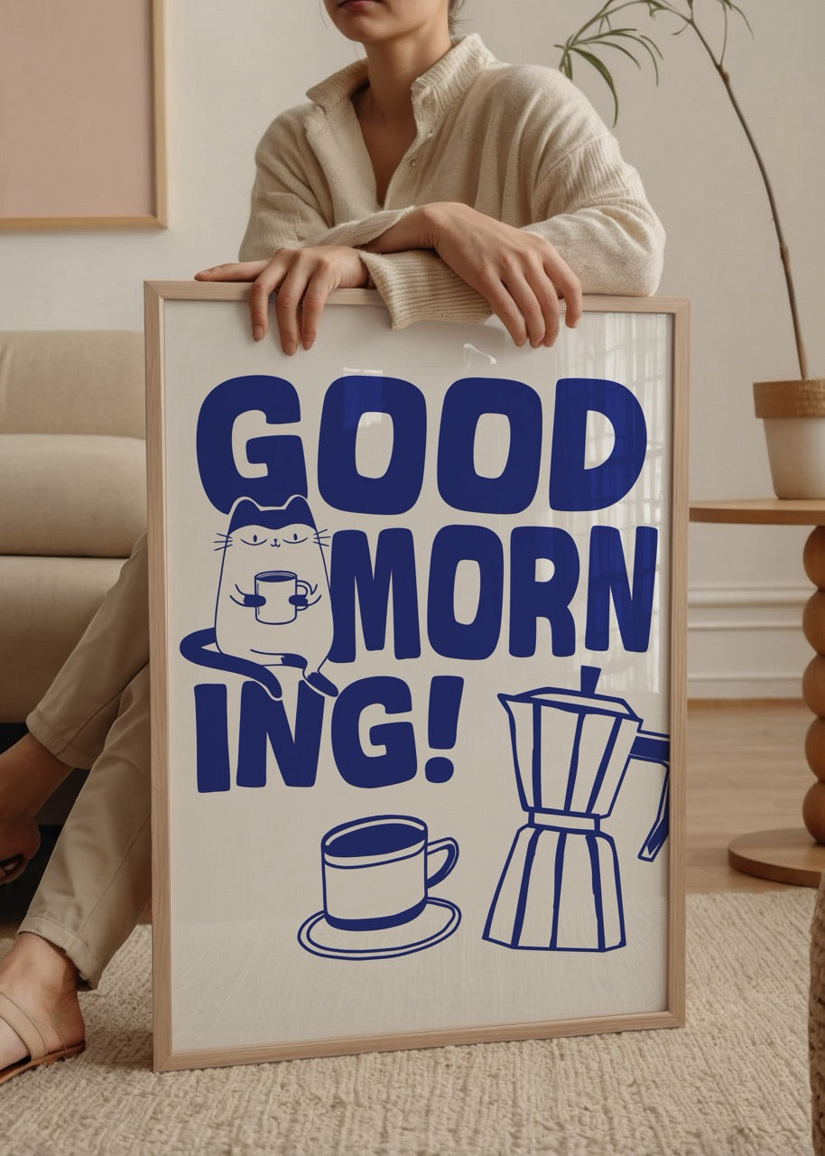 Illustration of a cat with a coffee cup and a coffee maker, bold text &