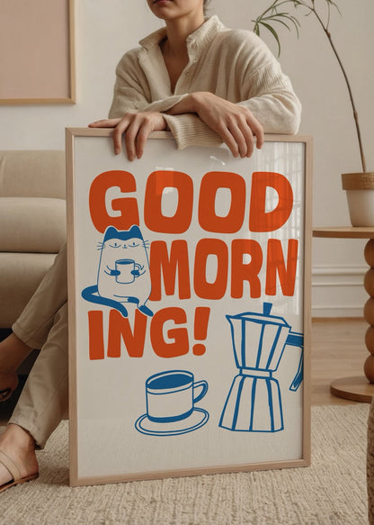 Illustration of a cat with coffee and a coffee pot, vibrant orange text saying &