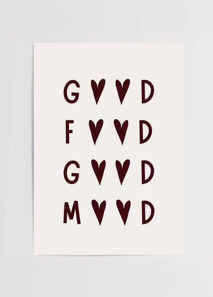 Heartfelt Good Vibes Typography Art Print featuring playful text and hearts.