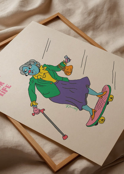 Colourful artwork of a granny skateboarding with a bag and phone.