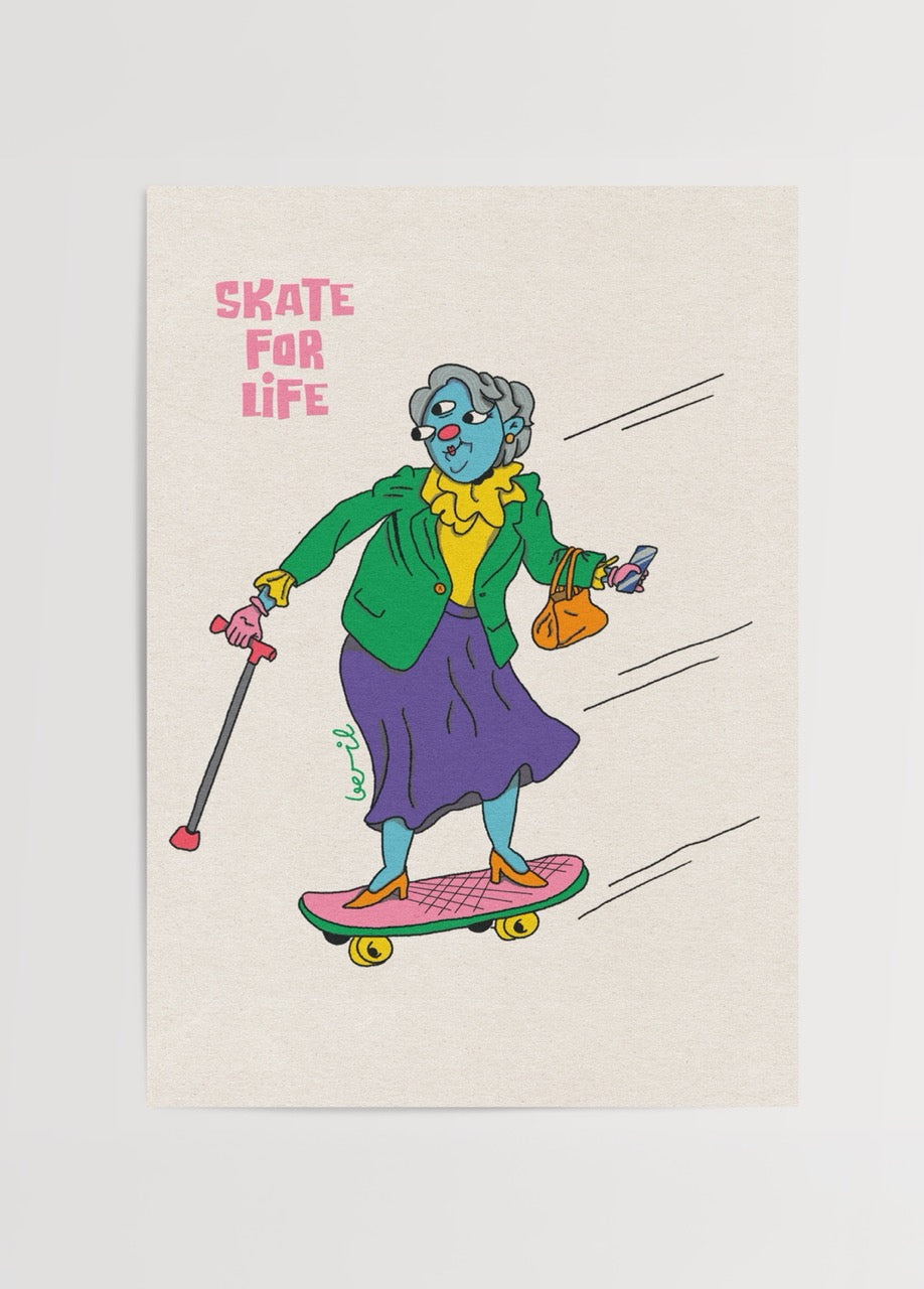Colourful artwork of a granny skateboarding with a bag and phone.