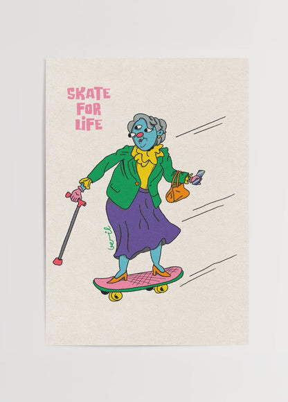 Colourful artwork of a granny skateboarding with a bag and phone.