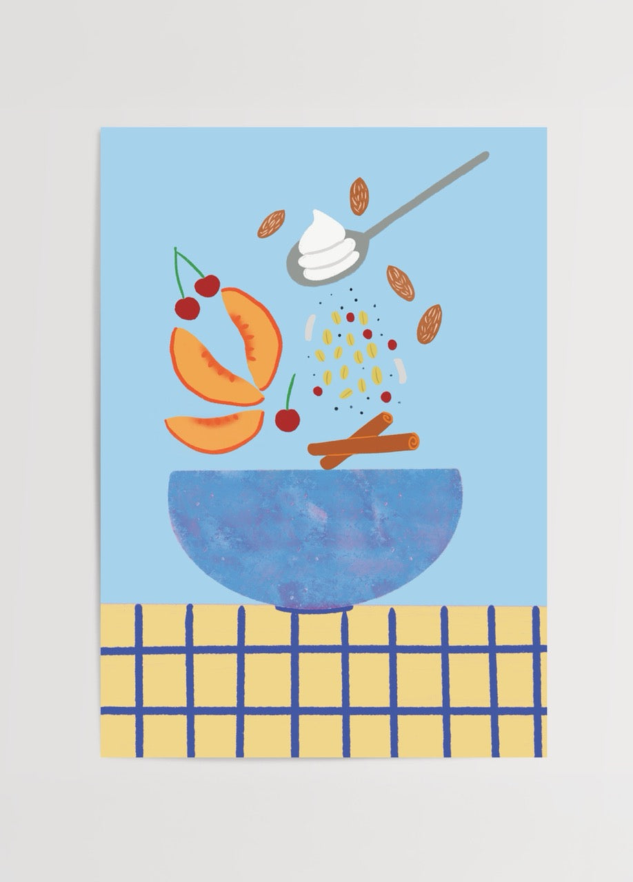 Vibrant Granola Party Poster Print featuring a bowl of granola with fruit and toppings.