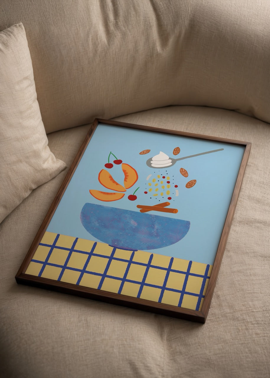 Vibrant Granola Party Poster Print featuring a bowl of granola with fruit and toppings.