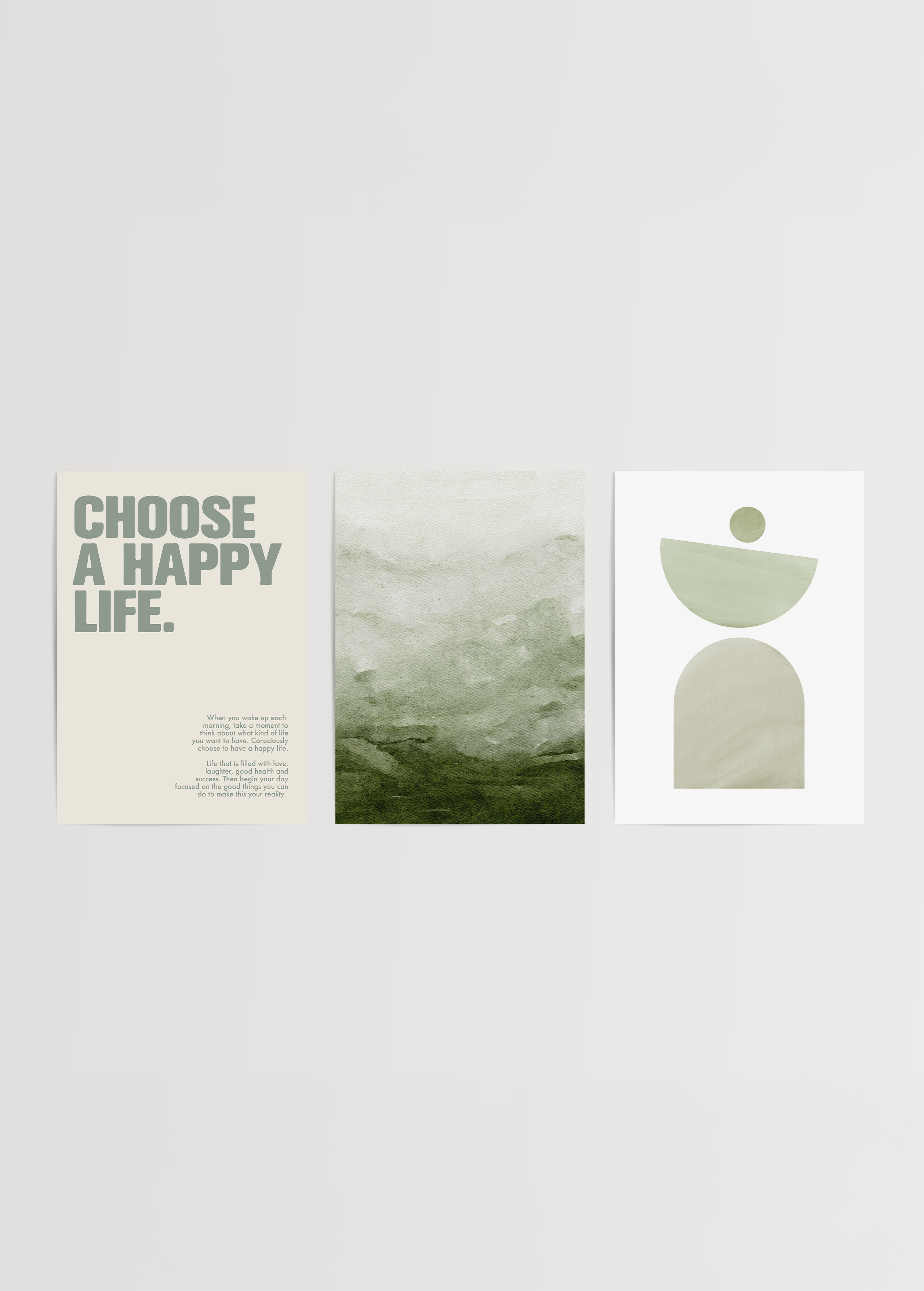 Tranquil Greens Poster Set featuring calming green tones and minimalist designs.