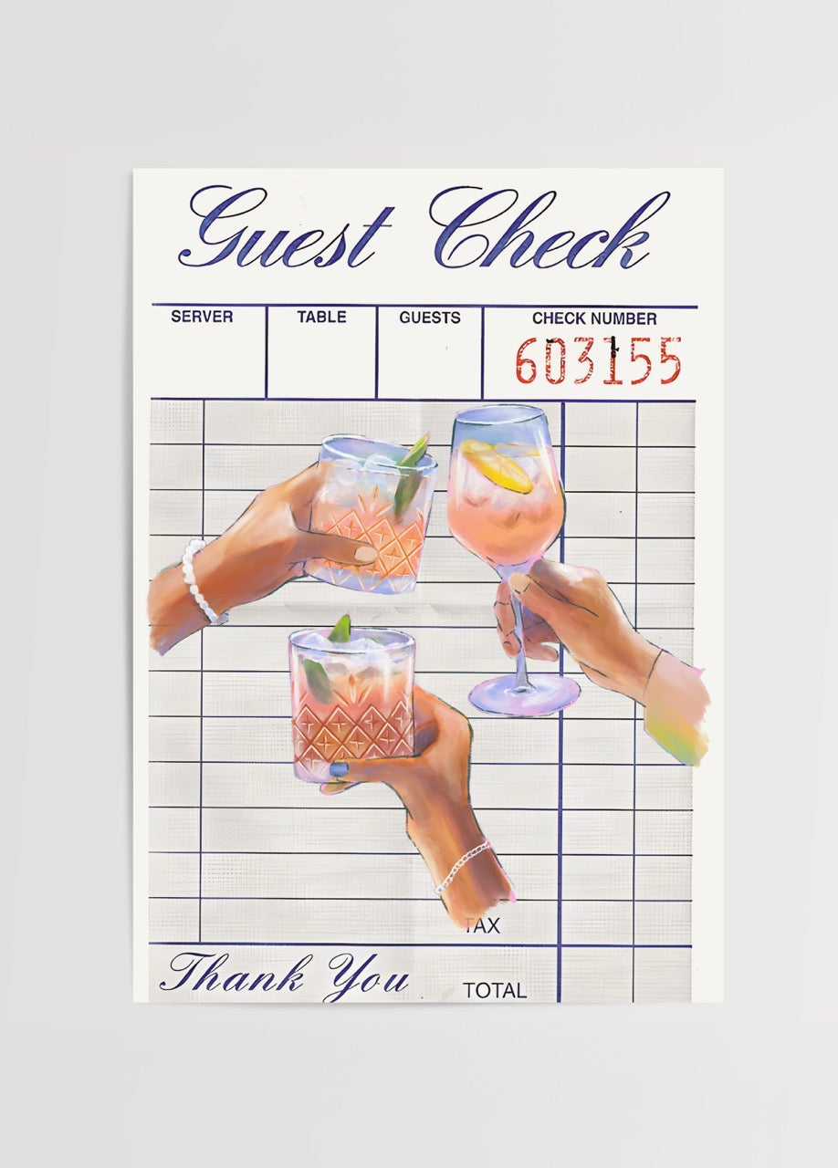 Illustration of cocktails and drinks on a guest check art print.