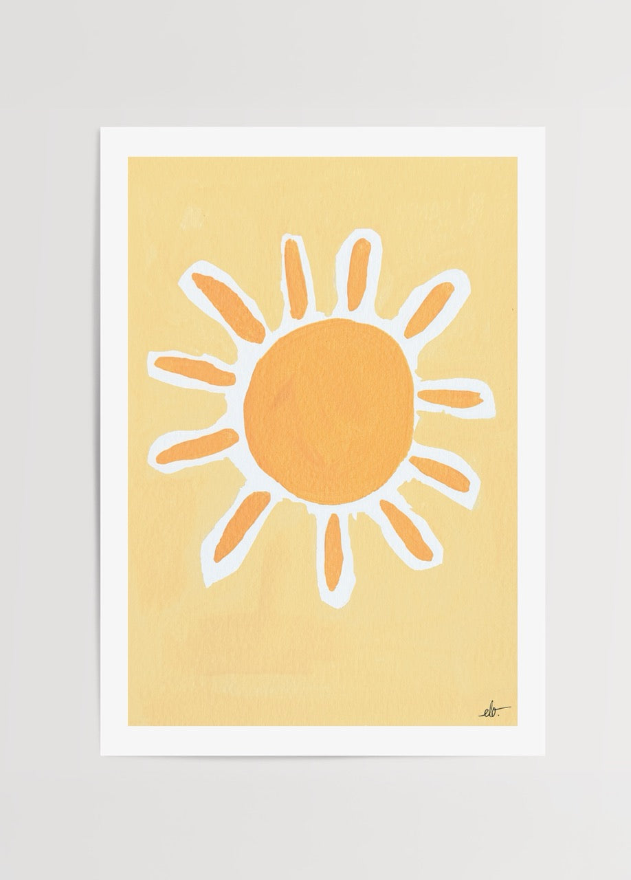 Bright pastel sun illustration with vibrant orange on a soft yellow background.