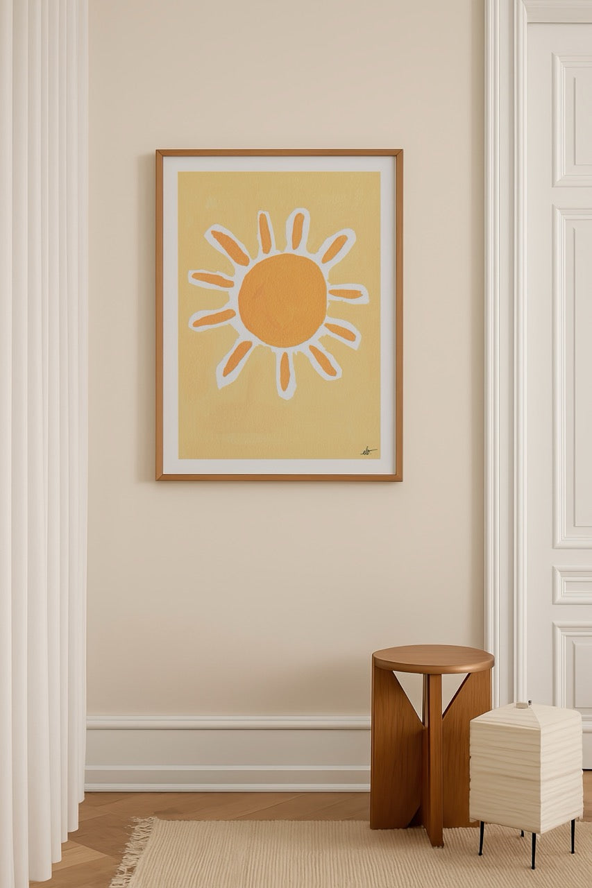 Bright pastel sun illustration with vibrant orange on a soft yellow background.