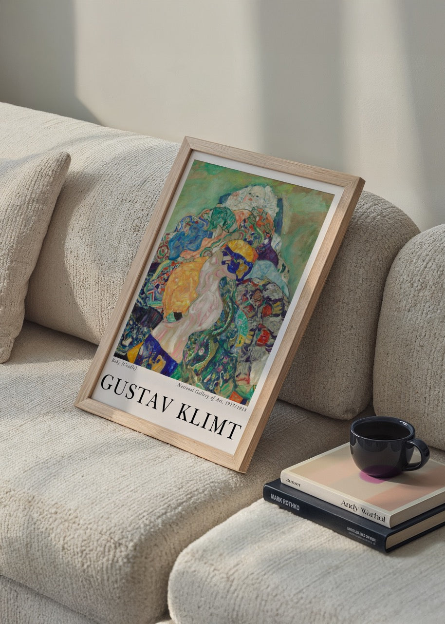 Art print of a baby in a cradle, featuring soothing colours and intricate details.