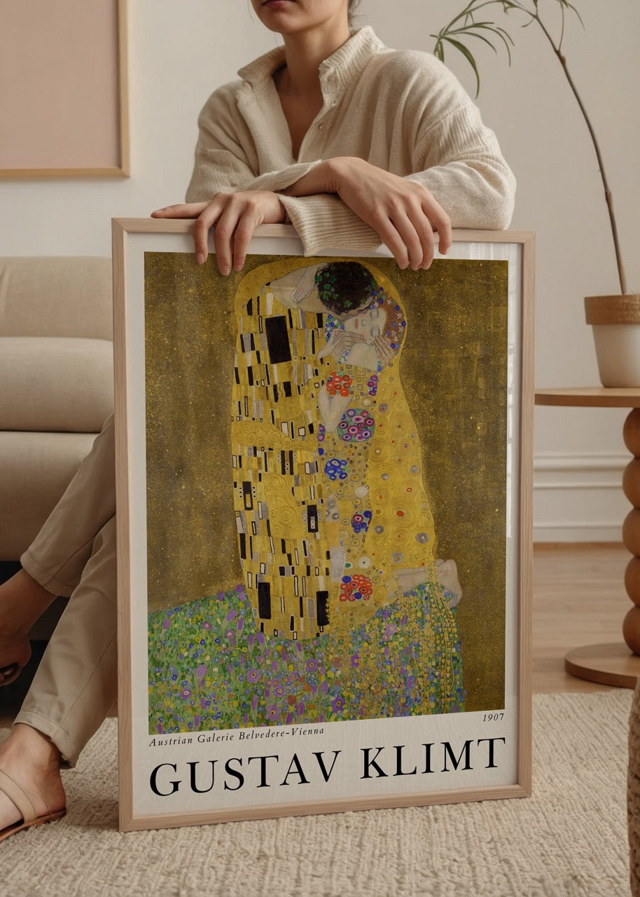 A stunning gold and vibrant artwork depicting an intimate embrace, perfect for enhancing any wall.
