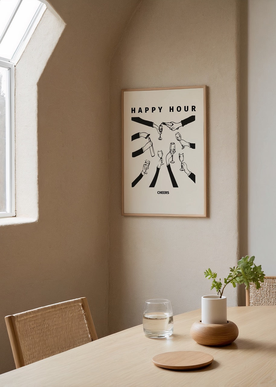 Stylish black and white cocktail art print featuring hands toasting drinks.