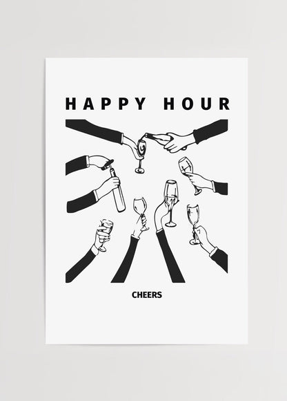 Stylish black and white cocktail art print featuring hands toasting drinks.