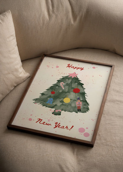 A whimsical illustration of a Christmas tree with decorations and the text &