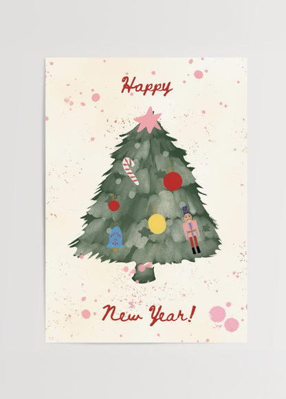 A whimsical illustration of a Christmas tree with decorations and the text &