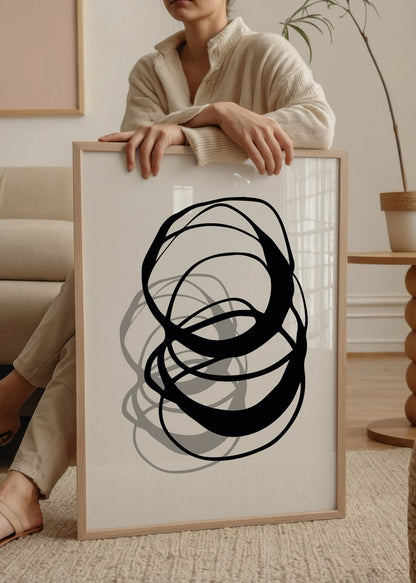 Dynamic Flow Abstract Art Print showcasing fluid black lines on a white background.