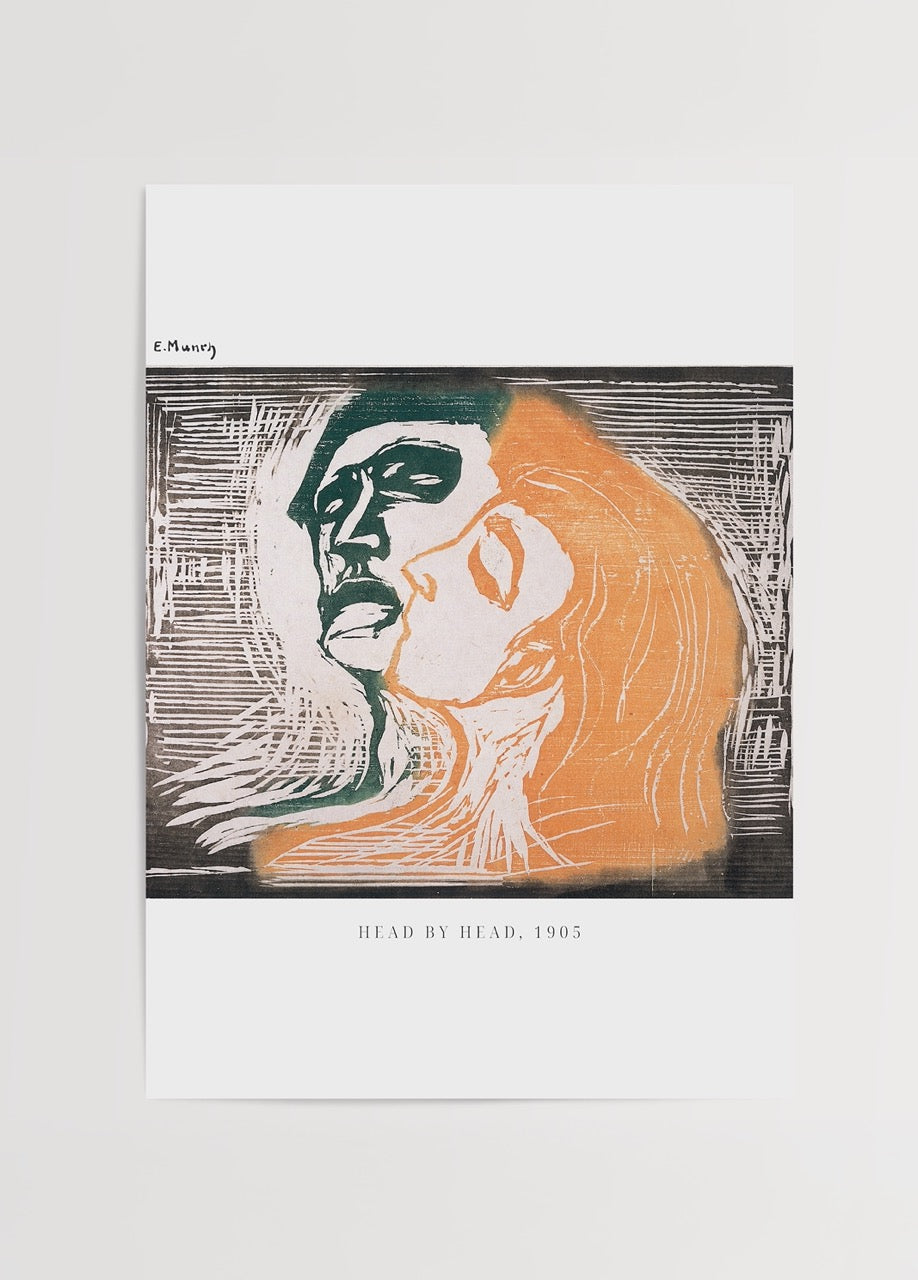 Embrace of Souls Art Print featuring bold figures in orange and green.