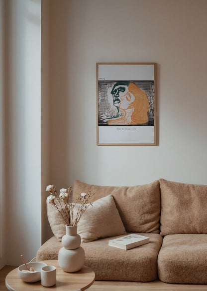 Embrace of Souls Art Print featuring bold figures in orange and green.