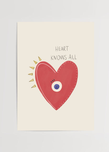 Heart Knows All illustration poster featuring a vibrant red heart design.
