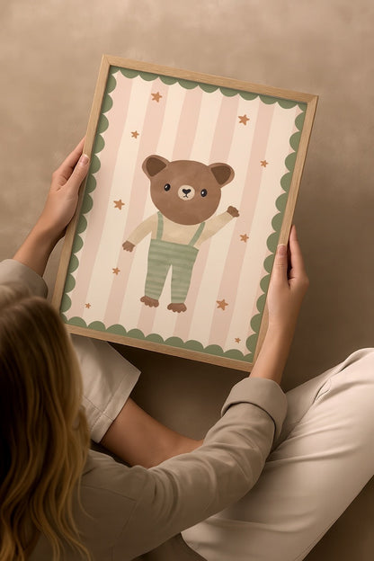 A playful bear illustration in soft colours on a striped background.