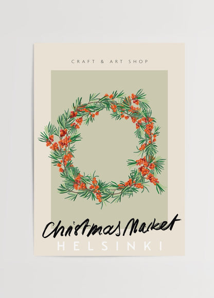 Helsinki holiday wreath print with vibrant berries and green foliage.