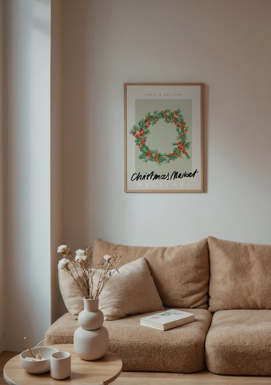 Helsinki holiday wreath print with vibrant berries and green foliage.